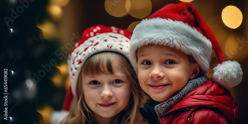 A young boy and girl enjoying  Christmas New Year's idea, Generative AI.