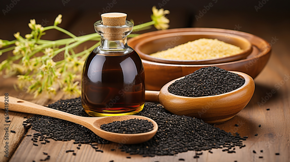 Black Cumin. Glass bottle of black cumin seeds essential oil , Nigella Sativa in spoon on wooden background. Generative AI Black Cumin. Glass bottle of black cumin seeds essential oil , Nigella Sativa in spoon on wooden background. Generative AI