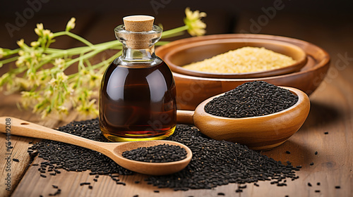 Black Cumin. Glass bottle of black cumin seeds essential oil , Nigella Sativa in spoon on wooden background. Generative AI