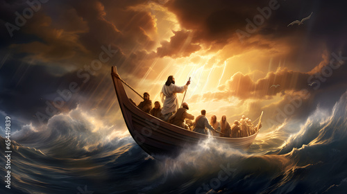 Obraz na plátně Jesus Christ on the boat calms the storm at sea.