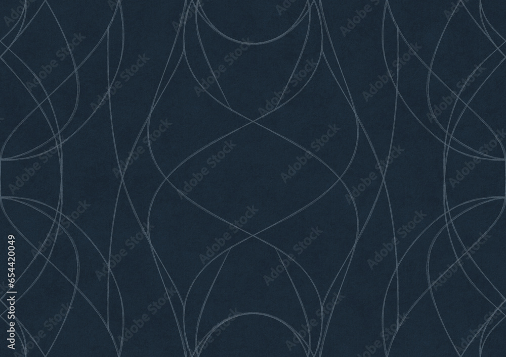 Hand-drawn unique abstract symmetrical seamless ornament. Light blue on a deep blue background. Paper texture. Digital artwork, A4. (pattern: p10-1a) - obrazy, fototapety, plakaty 