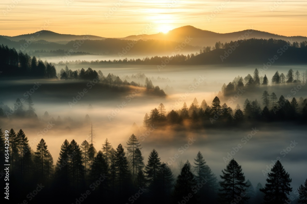 Misty forest at sunrise. The sun's rays pierce through the fog, illuminating the treetops and creating an ethereal landscape.