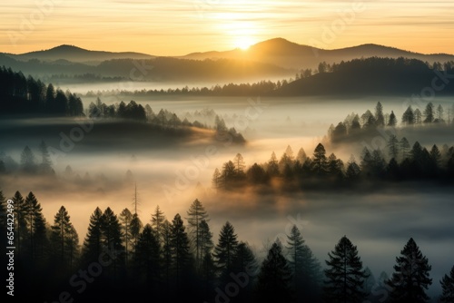Misty forest at sunrise. The sun s rays pierce through the fog  illuminating the treetops and creating an ethereal landscape.