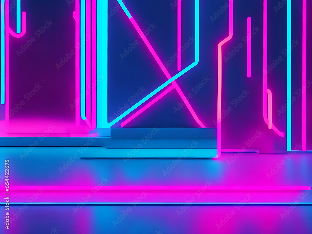 3D render, abstract minimal neon background, pink blue neon lines going up.