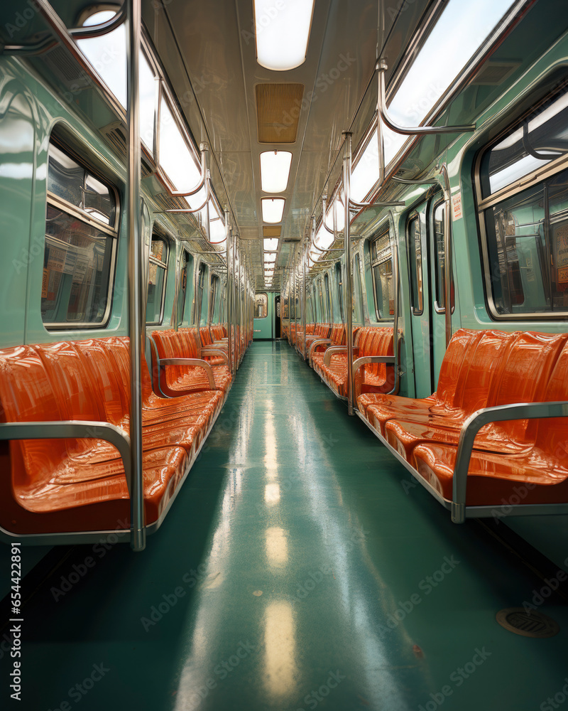 public transport concept. empty subway, train with seats. Interior inside urban transport.