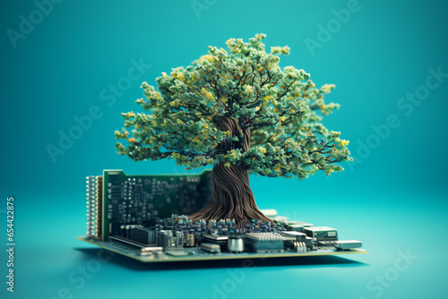  small tree on computer circuit cyan background