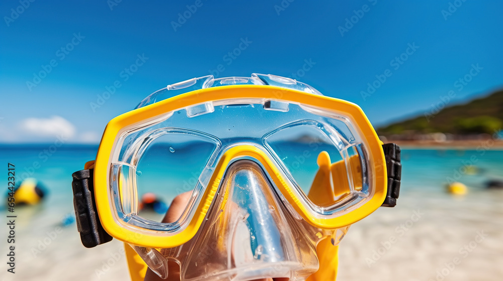 Snorkeling Gear with Beach and Sky Views. Generative AI