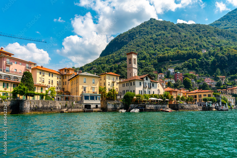 Italy, Lake Como, Torno. View of the pier and buildings
