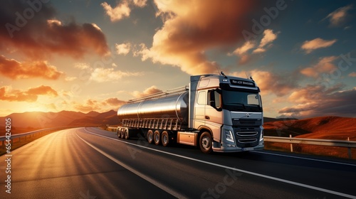 tanker truck in action on the freeway, delivering essential petroleum products. Perfect for transportation and logistics visuals photo