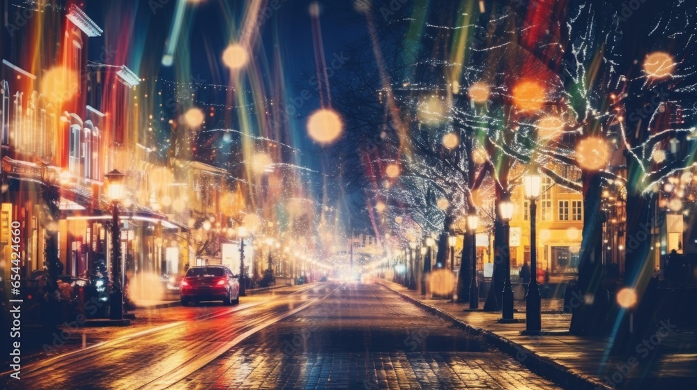 The Christmas lights background features colorful and beautiful street lights for the Christmas season.