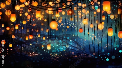 colorful lanterns and string lights at night on blurred