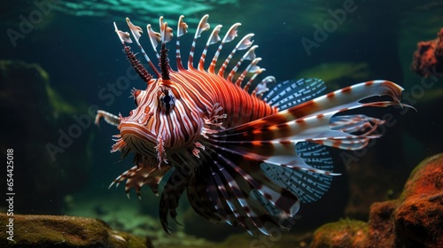 Gracefully gliding through the crystal-clear waters, a striking red lionfish showcases its vibrant colors and elegant,