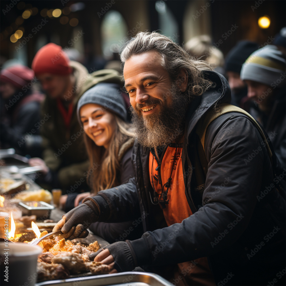 On Christmas Eve, volunteers help distribute food to the homeless. providing assistance to those in need on the streets of the city. Help and hope concept. On Christmas Eve, volunteers help distribute food to the homeless. providing assistance to those in need on the streets of the city. Help and hope concept.