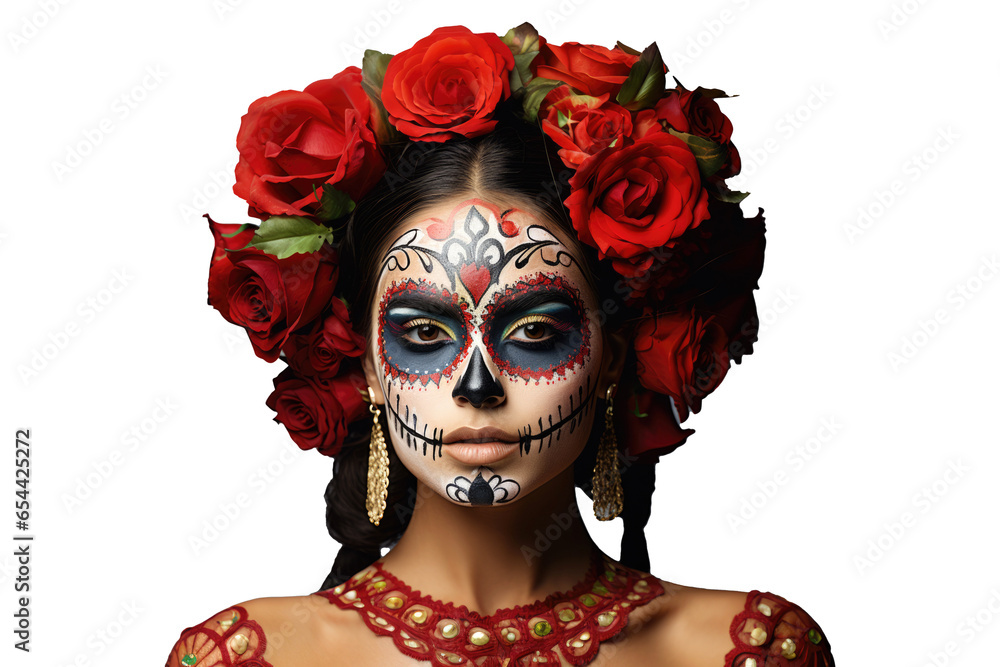 ia de los muertos, Mexican holiday of the dead and halloween. Woman with sugar skull make up and flowers. Isolated on transparent background. ia de los muertos, Mexican holiday of the dead and halloween. Woman with sugar skull make up and flowers. Isolated on transparent background.