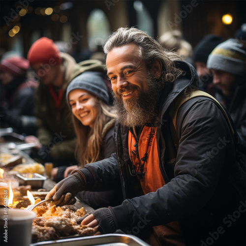 On Christmas Eve, volunteers help distribute food to the homeless. providing assistance to those in need on the streets of the city. Help and hope concept. 