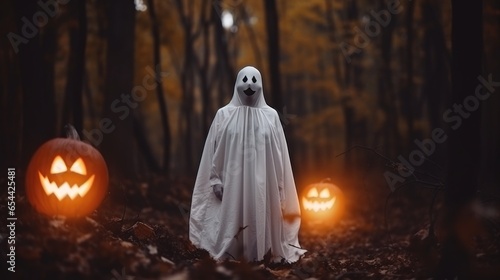 A hauntingly stylish ghost, draped in ethereal garments, elegantly cradles a luminous jack o'lantern amidst the enchanting ambiance of a moody autumn evening. 