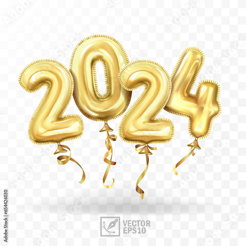 3d realistic isolated vector with gold gel balls as numbers two thousand and twenty four, 2024, white background, New Year's balloons to decorate your design, New Year, Christmas, advertising