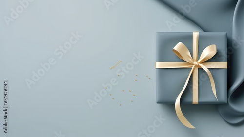 Elegant grey gift gift box with golden bow on a grey background, layout for best wishes and party celebration background with copy space for text