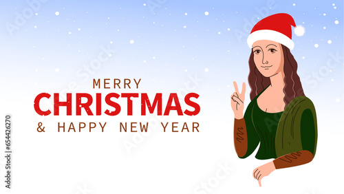 Mona Lisa wishes you a Merry Christmas. A masterpiece of world painting. shows a peace sign. Cartoon Jaconda. greeting card photo