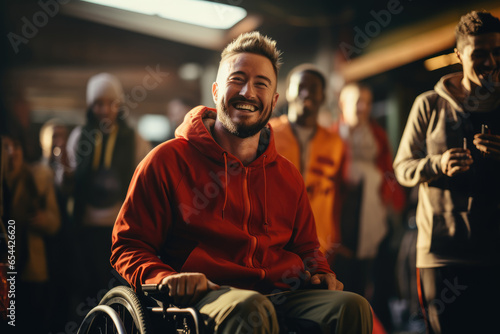 A group of friends supporting a person with a disability as they participate in adaptive sports. Concept of inclusivity and teamwork. Generative Ai.