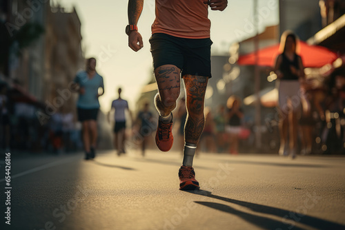 A person with a prosthetic limb participating in a marathon, showcasing the resilience of athletes with disabilities. Generative Ai.