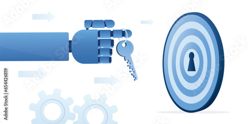 Giant robot hand holds key to success. Chat bot helps to achieve victory, open way to goals and rewards. Modern technology in business and sports helps to achieve targets and receive an award.
