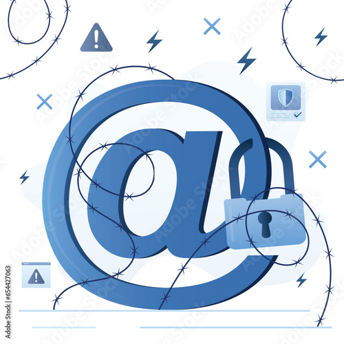 Email symbol behind barbed wire. Reliable protection of your correspondence from hacker hacking, unlocking or attacks. Security technology, antivirus. Antispam, encryption.