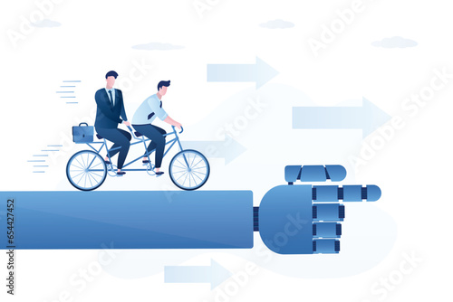 Businessmen steering tandem bike. Co-founders on dual bicycle, new project, startup. Robot or chatbot hand helping search right way for business development. Successful teamwork,