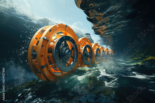 A tidal energy generator operating in the ocean, utilizing the power of tides for electricity. Generative Ai. photo
