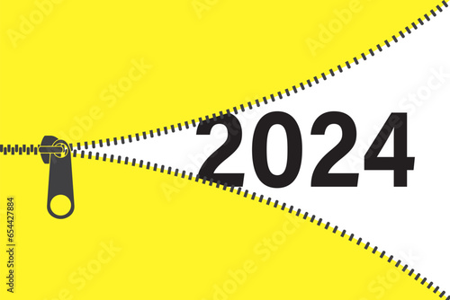 Opening zipper and happy new 2024 year coming soon. Cartoon yellow and black banner, template with place for text. New year idea concept. Clothing zipper and xmas signs.
