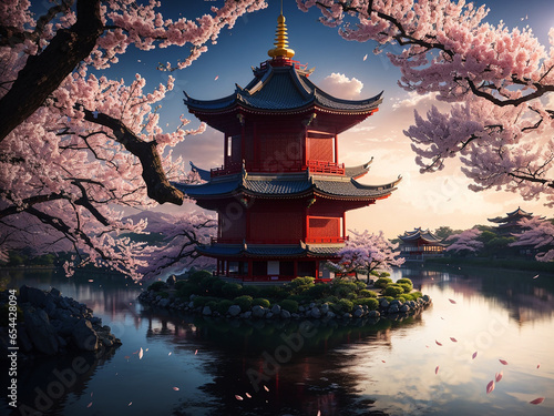 Chinese pagoda on the river bank surrounded by cherry blossoms - AI Generative