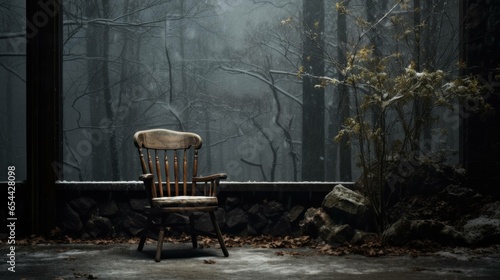 A chair standing in front of the window of an old wooden house in a deserted forest.