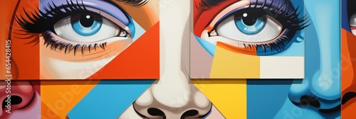 A colorful painting of a female face with geometric.