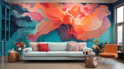 A room with artistic drawings painted on the walls with colorful paints.
