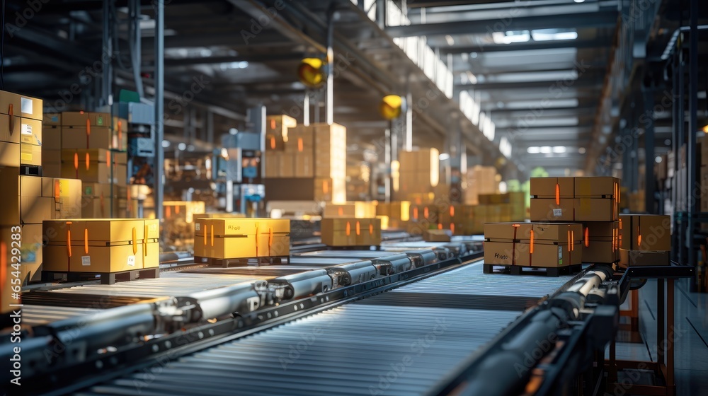 Supply Chain in Motion: Boxes on a conveyor belt inside a well-illuminated warehouse setting