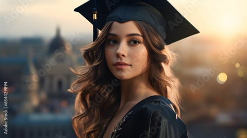 Beautiful young woman wearing graduation cap and gown with cityscape background Adding warm orange sunlight. Generative Ai