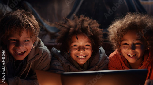 Children playing arcade and computer games together.