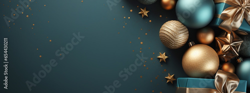 Merry Christmas and happy New Year background promotional poster or card with copy space, top view, holiday celebrations
