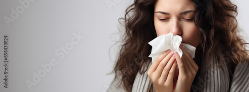 Sick, tissue and portrait of woman blowing nose in studio with flu, illness and virus on white background. Health, wellness and face of male person with hayfever, cold symptoms and sneeze for allergy photo