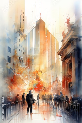 allegorical image of stock market in watercolor style