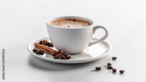 cup of coffee on white background. A white cup of coffee stands on a saucer