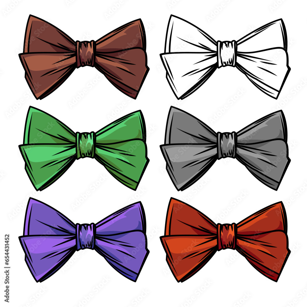 Bow tie vector in different colors vector illustration, Set of bow ties in different colors and black and white line art stock vector image