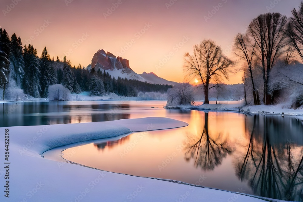 A serene winter landscape with a frozen pond, snow-covered trees, and a red barn in the distance