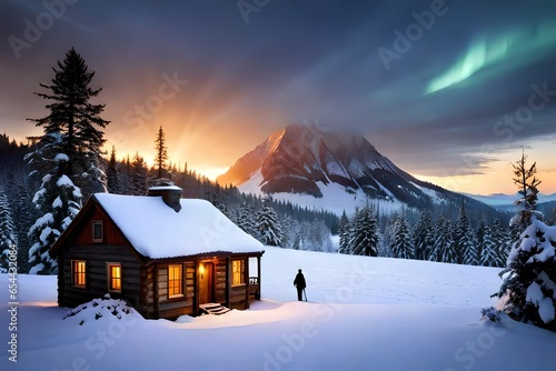 A rustic cabin in the woods, smoke rising from the chimney, and a warm glow from the windows on a snowy Christmas Eve