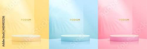Set of  yellow, pink and blue showcase backgrounds with 3d podium and palm leaf shadow. Vector illustration