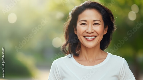 Mature Asian woman in white shirt smiles, embodying Asian-inspired aesthetics. Her youthful energy shines amid soft tonal shifts. Ideal for modern, organic themes.