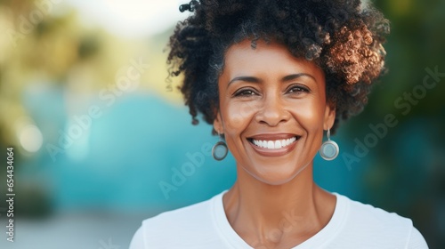 Mature African American woman outdoors, her smile and large eyes capturing the essence of reductionist form. Ideal for natural, minimalist settings.