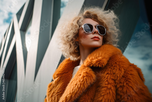 Confident young woman in sunglasses and a winter coat