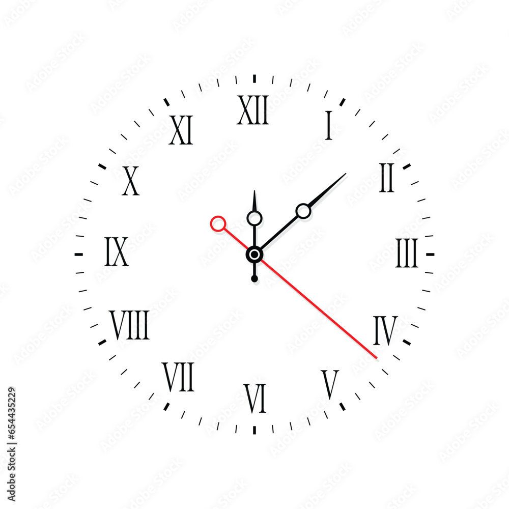 Clock Face with Hour, Minute and Second Hand Isolated on White Background Clock Face with Hour, Minute and Second Hand Isolated on White Background