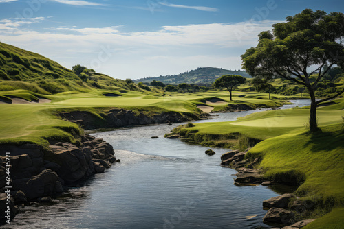 A swift stream runs through the green grass on the golf course.